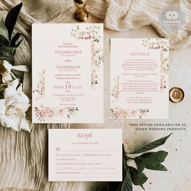 Blek Rosa Soft Light Peach Flowers Blommigt Bröllo Inbjudningar (Pale Pink Soft Light Peach Flowers Floral Wedding Invitation)