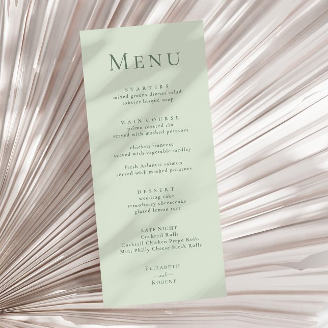 Blek Sage Grönt Modern Minimalist Bröllop Menu Meny (Pale Sage Green Modern Minimalist Wedding Menu on a sunny neutral dry palm leaf.)
