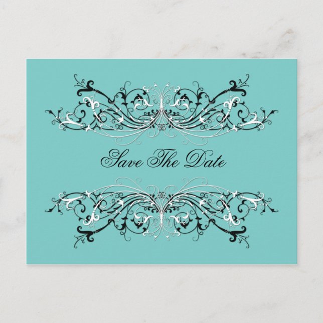 Blek Teal Black White Swirls Spara datum Meddelande Vykort (Framsida)