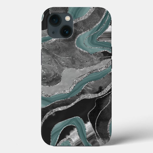 Blek Teal Grått Marble Agate Silver Glitter Glam # (Baksida)