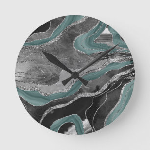 Blek Teal Grått Marble Agate Silver Glitter Glam # Rund Klocka