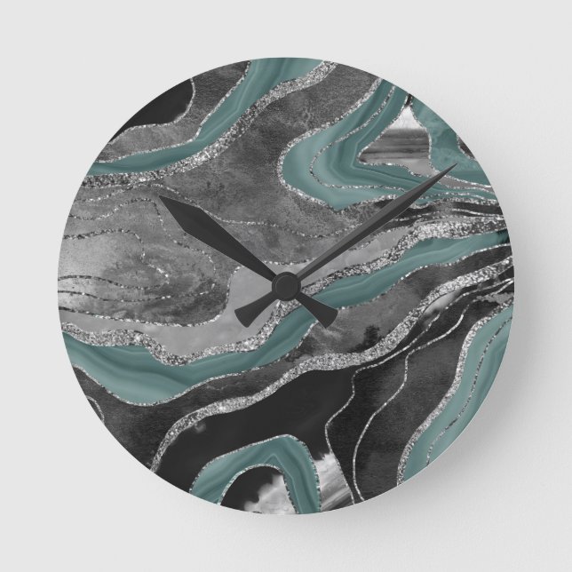 Blek Teal Grått Marble Agate Silver Glitter Glam # Rund Klocka (Framsida)