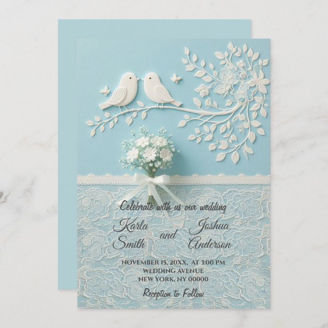 Blek Teal with Romantic Snöre and Birds Bröllop Inbjudningar (Fram/baksida)