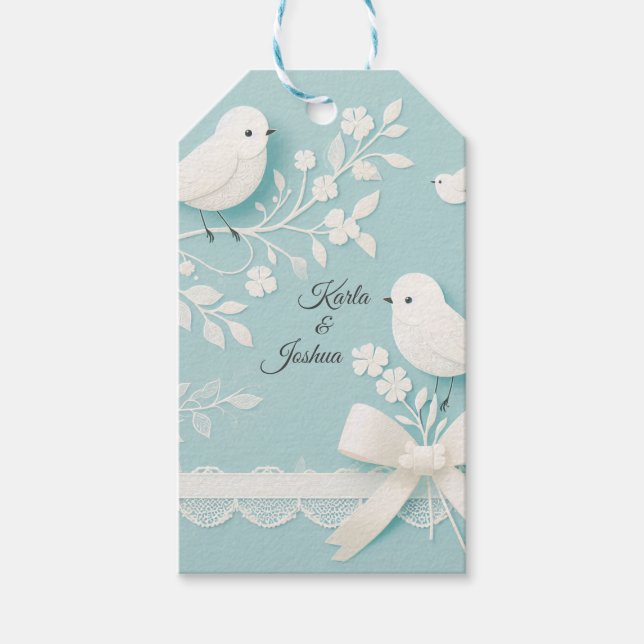 Blek Teal with Romantic Snöre and Birds Bröllop Presentetikett (Framsidan)