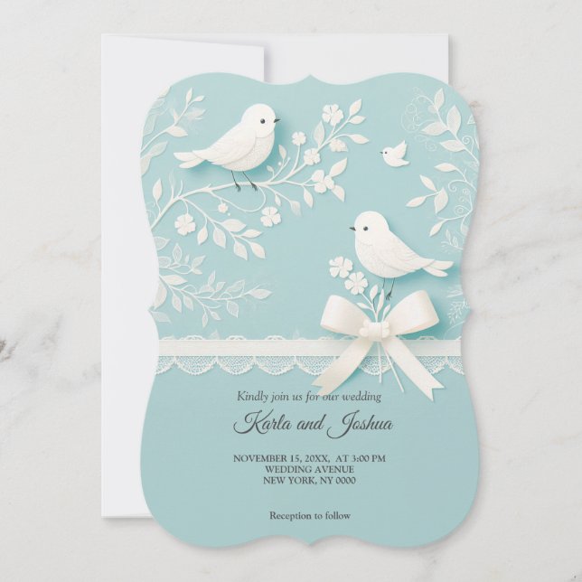 Blek Teal with Romantic Snöre & Birds Bröllop Invi (Framsida)