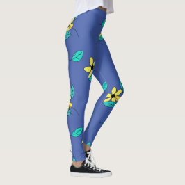Blek Turkos Löv Gult Flower Sketch Leggings