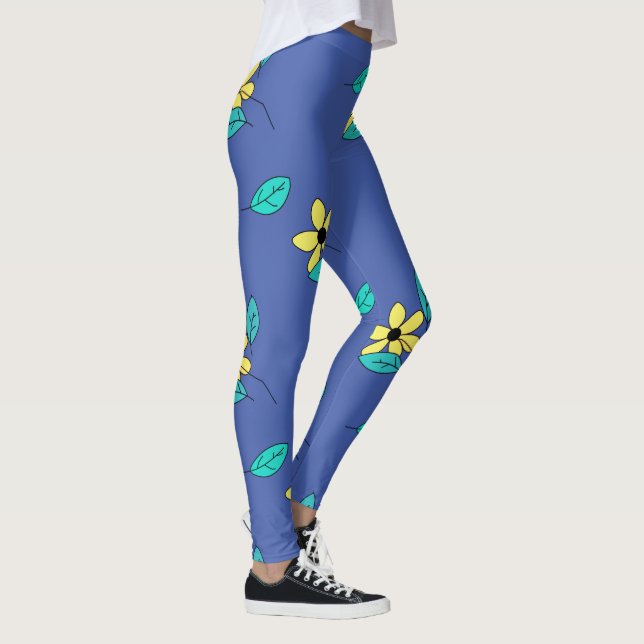 Blek Turkos Löv Gult Flower Sketch Leggings (Höger)