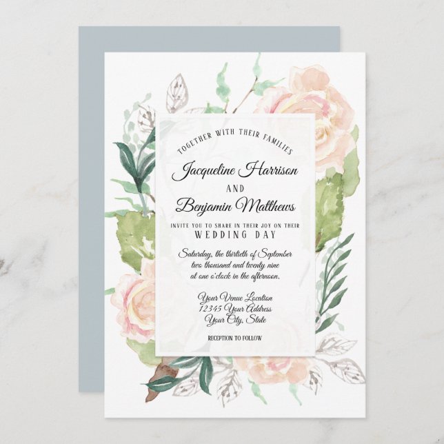Bleka Dimma Elegant Akvarellkonst Blommig Elfenben Inbjudningar (Fram/baksida)