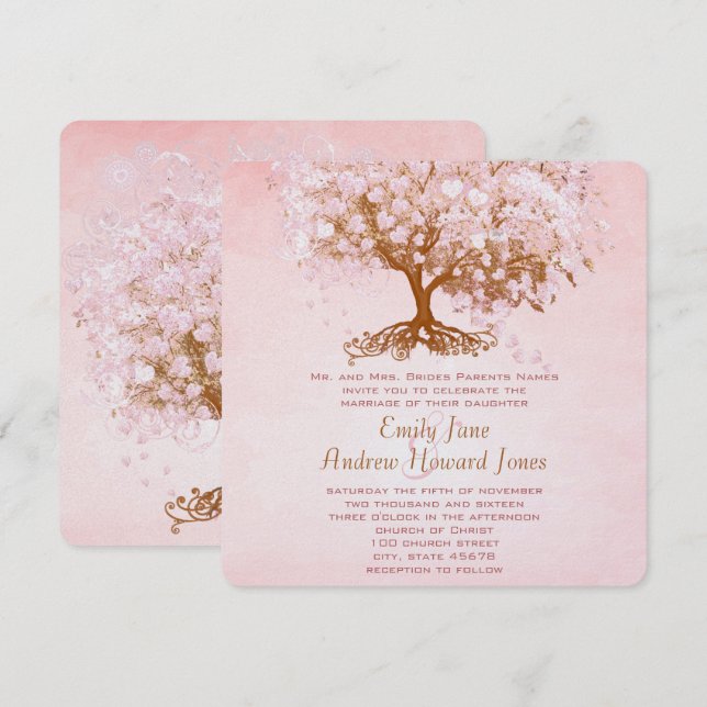 Bleka Dogwood Rosa Hjärtträd Bröllopsinbjudningar Inbjudningar (Fram/baksida)