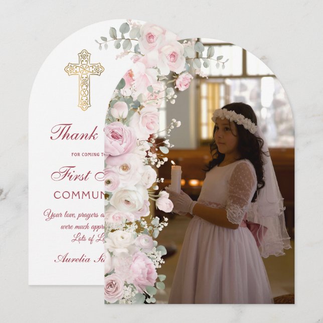 Bleka rosa blommor Första kommunion Tacksamhetskor Inbjudningar (Fram/baksida)