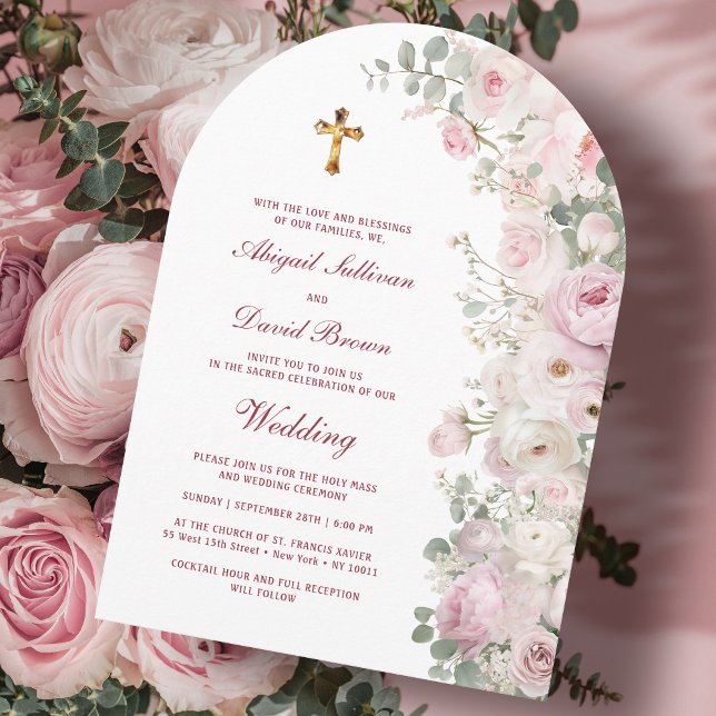 Bleka rosa blommor valv religiös bröllop inbjudningar (Skapare uppladdad)
