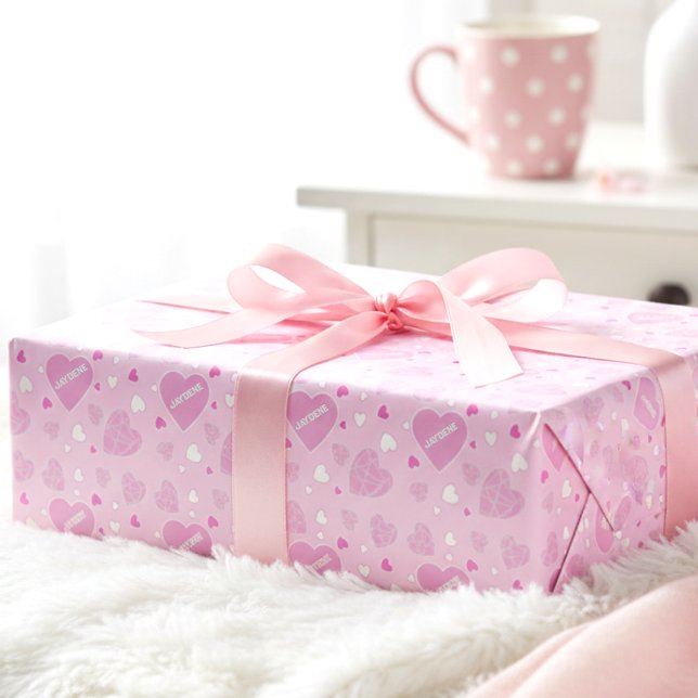 Bleka Rosa Hjärtan Och Namn Presentpapper (Pale pink hearts + your name = the prettiest gift wrap ever.)