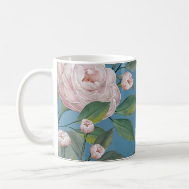 Bleka rosa rosor med marinblå bakgrund    kaffemugg (Vänster)