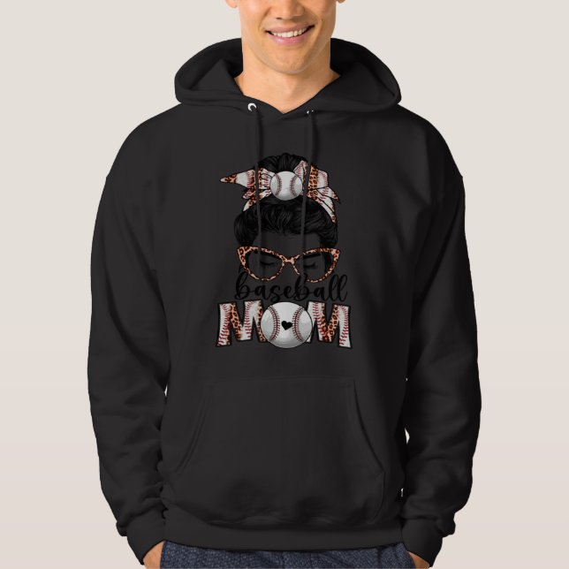 Blekad Basebollmamma Spel Dags Messy Bun Leopard P Hoodie (Framsida)