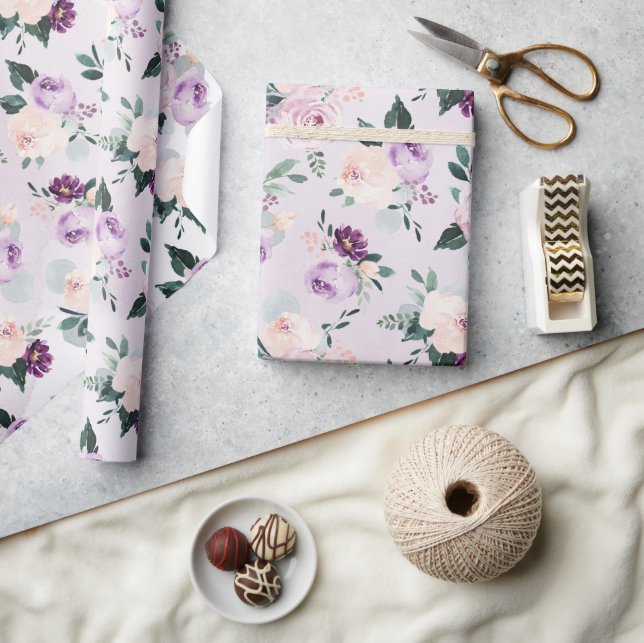 Blekande blommigt av botanisk lila vattenfärg presentpapper (Hantverk)