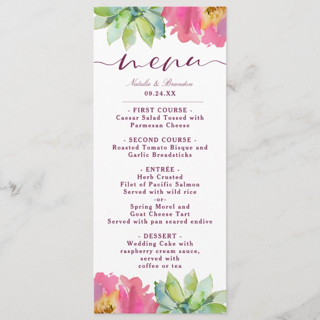 Blekande Chic Mint &  Rosa Blommigt Dinner Meny (Framsida)