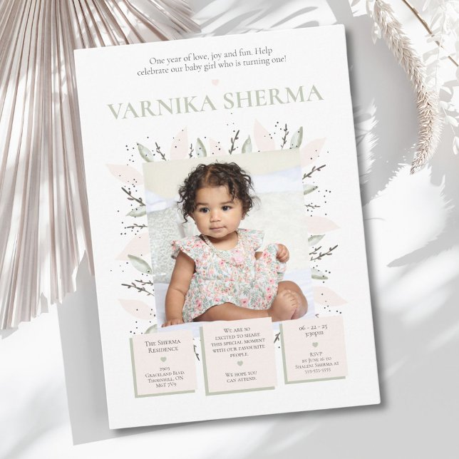Blekande första födelsedagsinbjudan inbjudningar (Celebrate your baby girl’s first year with this pretty floral invitation.)