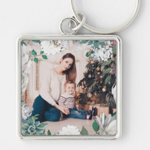 Blekande Joy Blommigt-julklapp - fotopatenterkedja Fyrkantig Silverfärgad Nyckelring