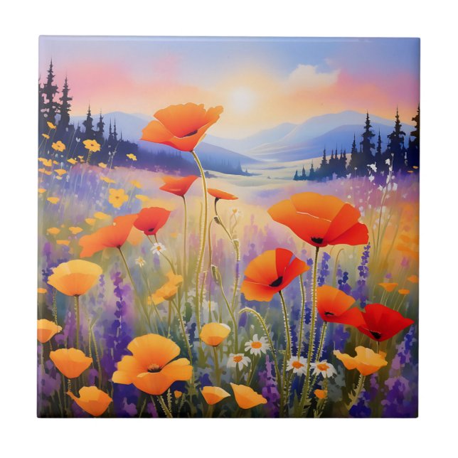 Blekande liggande vilda blommor i vattenfärg kakelplatta (Framsidan)