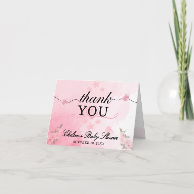 Blekande mjuk vattenfärgsfärgad Rosa Blommigt Baby Tack Kort (Framsida)