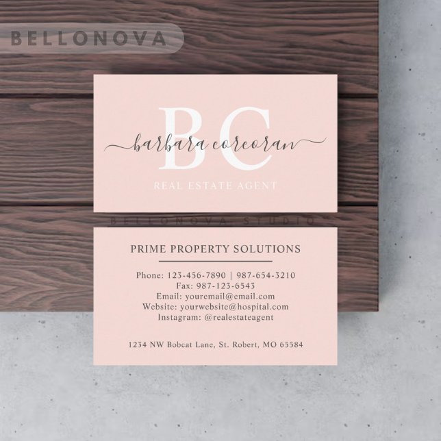 Bleken Anpassat namn Pastel Rosa White Black Monog Visitkort (Custom Name Pale Pastel Pink White Black Monogram Business Card)