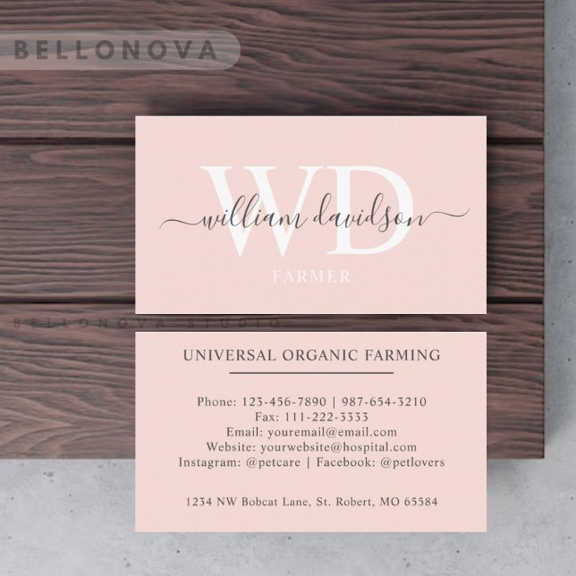 Bleken Anpassat namn Peach Rosa White Black Monogr Visitkort (Custom Name Pale Peach Pink White Black Monogram Business Card)