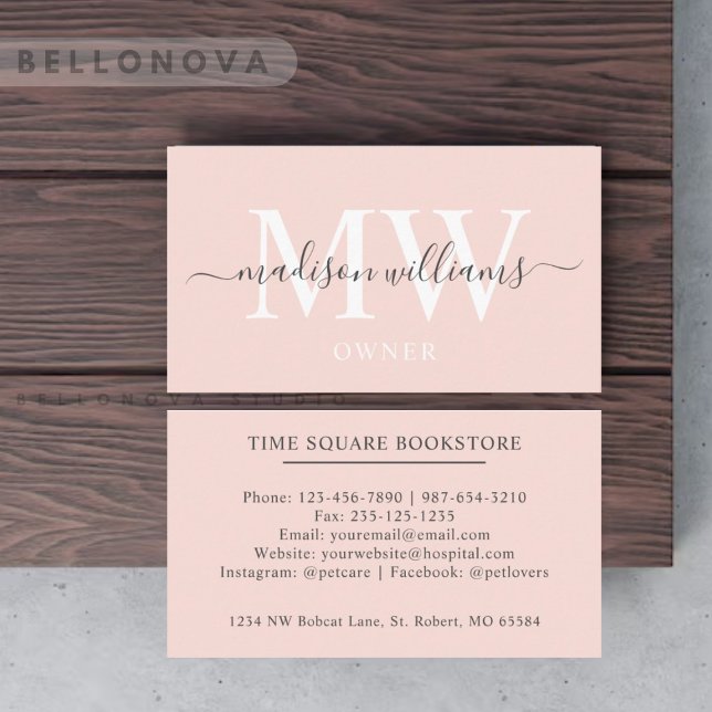 Bleken Anpassat namn Peach Rosa White Black Monogr Visitkort (Custom Name Pale Peach Pink White Black Monogram Business Card)
