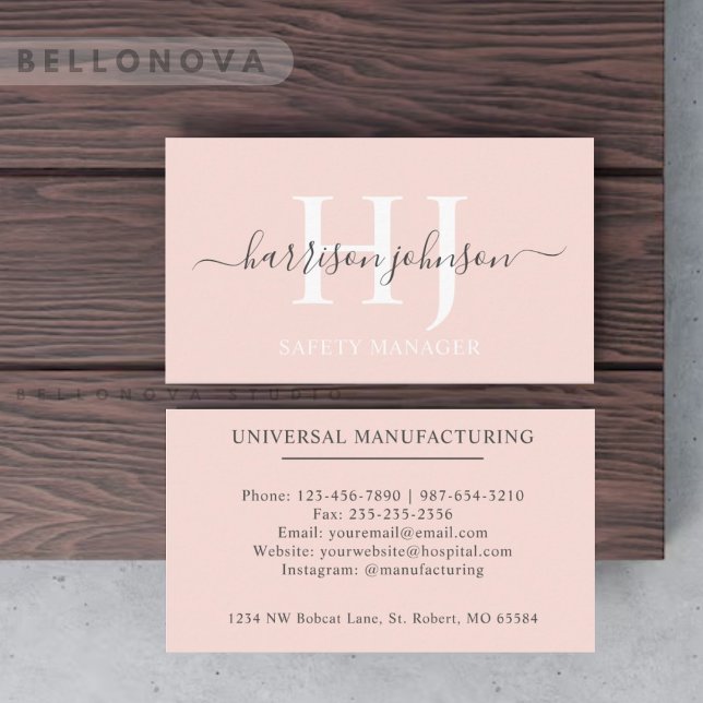 Bleken Anpassat namn Peach Rosa White Black Monogr Visitkort (Custom Name Pale Peach Pink White Black Monogram Business Card)