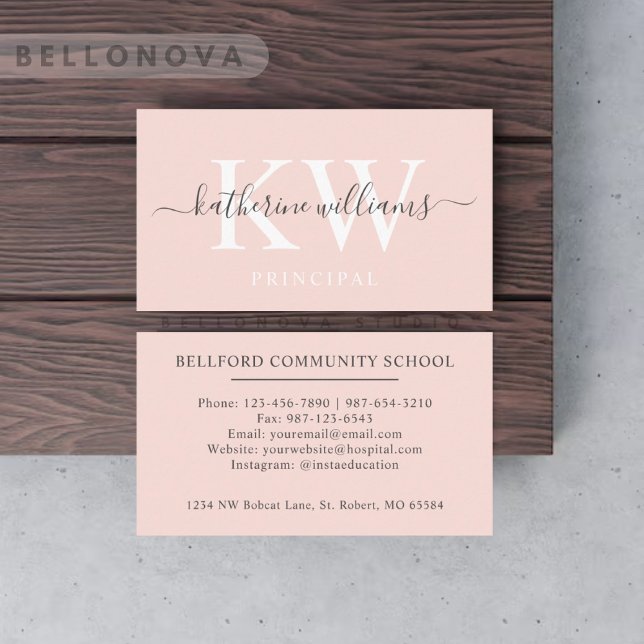 Bleken Anpassat namn Peach Rosa White Black Monogr Visitkort (Custom Name Pale Peach Pink White Black Monogram Business Card)