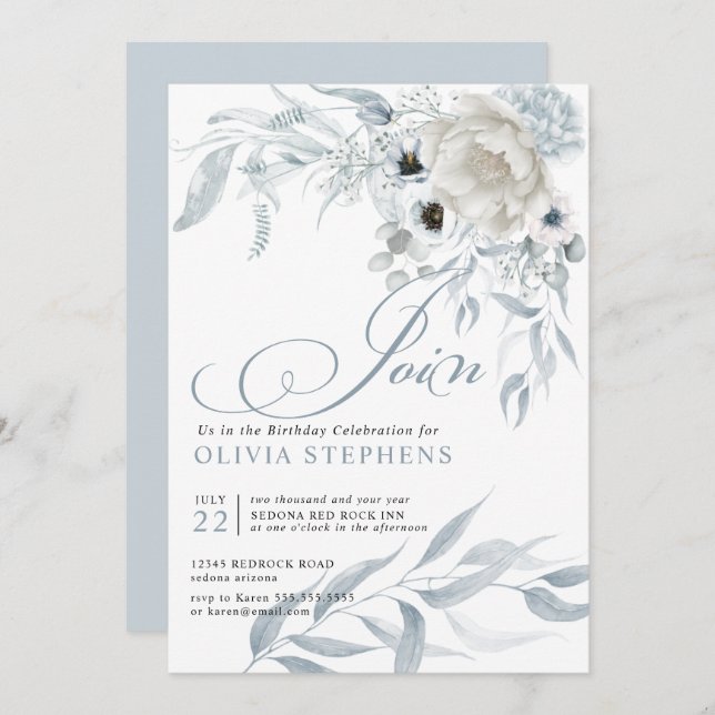 Bleken Dusty Blue Blommigt vid födelsedag Inbjudningar (Fram/baksida)
