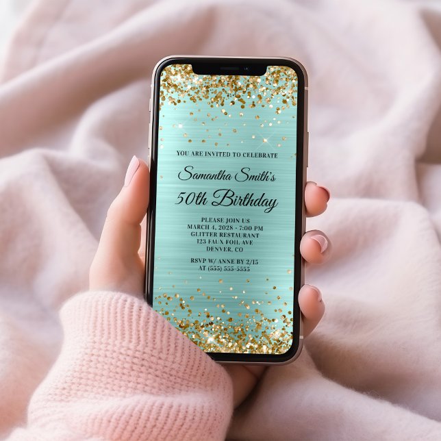 Bleken Turquise Foil i guld 50:e födelsedagen Inbjudningar (Gold Glitter Pale Turquoise Foil 50th Birthday Invitation)
