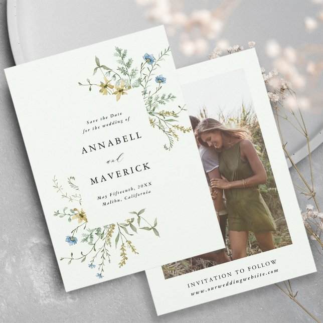 Blekgul delikat vildblomma boho bröllopsfoto spara datumet (Front & Back)