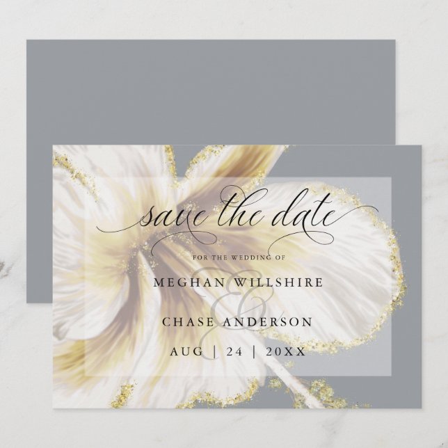 Blekgul och elfenbensfärgad tropisk blomma i akvar spara datumet (Fram/baksida)