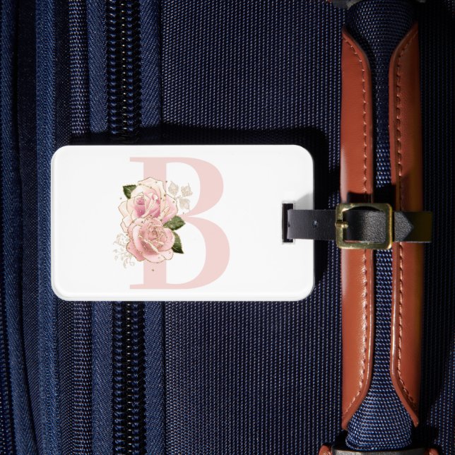 Blekguldröd blomsterinitial bagagebricka (Framsida Insitu 4)