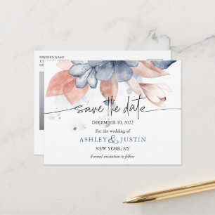 Bleknad denim & blush stilfull Save the Date-brevk Meddelande Vykort