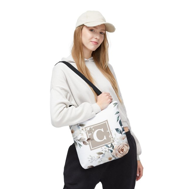Blekning av Fransk Blommigt Ro Monogram Tote Bag Tygkasse (Blooming French Floral Roses Monogram Tote Bag)