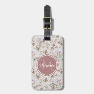 Blekrosa ros mönster med monogram och namn bagagebricka