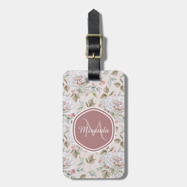 Blekrosa ros mönster med monogram och namn bagagebricka (Vertikal Framsida)