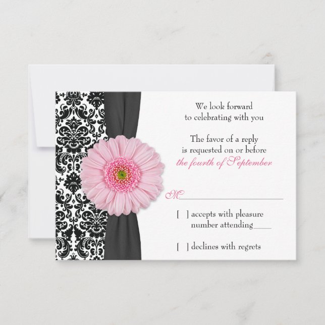 Blekt Rosa Gerber Daisy Damasch Svartbröllop Svar  Inbjudningar (Framsida)
