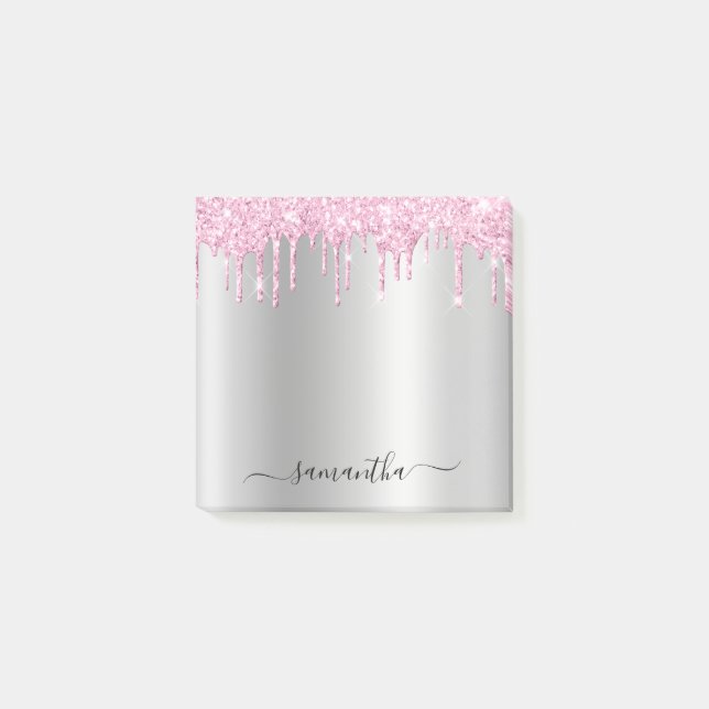 Blekt Rosa Glitterdropar Silverglans Post-it Block (Framsida)