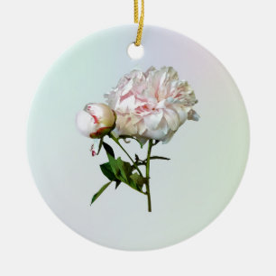 Blekt rosa peon och knopp julgransprydnad keramik