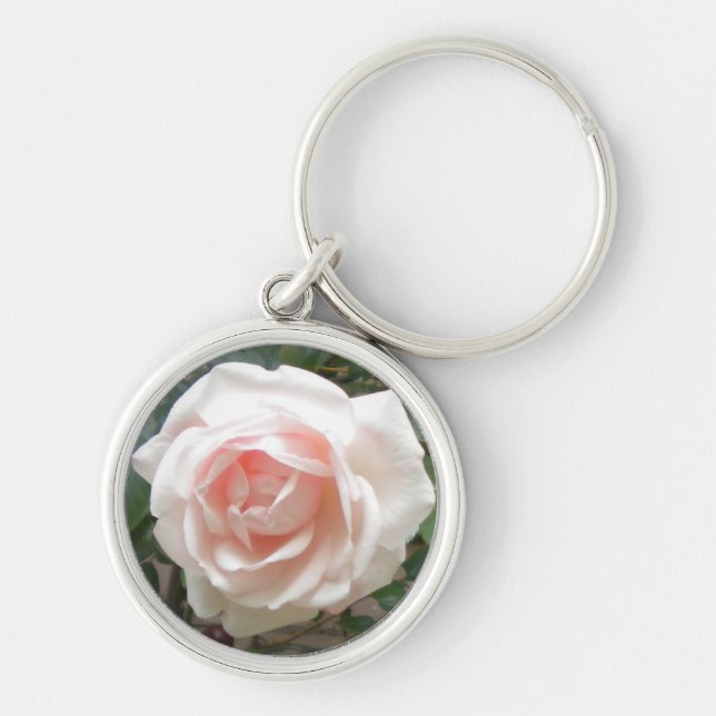 Blekt Rosa Ros Rund Silverfärgad Nyckelring (Framsidan)