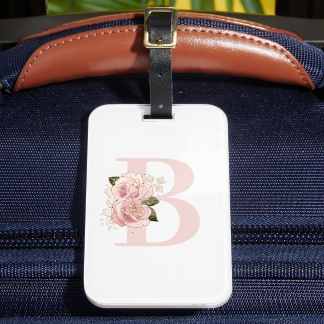 Blekt Roséguld Blommönstrad Monogram Bagagebricka (Framsida Insitu 2)