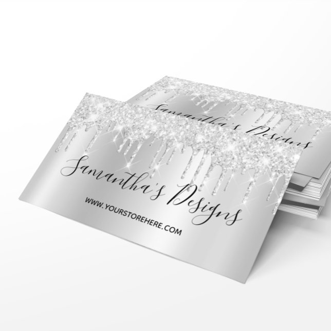 Blekt Silver Glitter Drips Ombre Webbutik Visitkort (Pale Silver Glitter Drips Ombre Online Store Business Card)