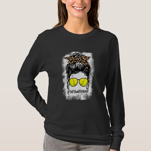 Blekt softball Mamma Life leopard Messy Bun för W T Shirt (Framsida)