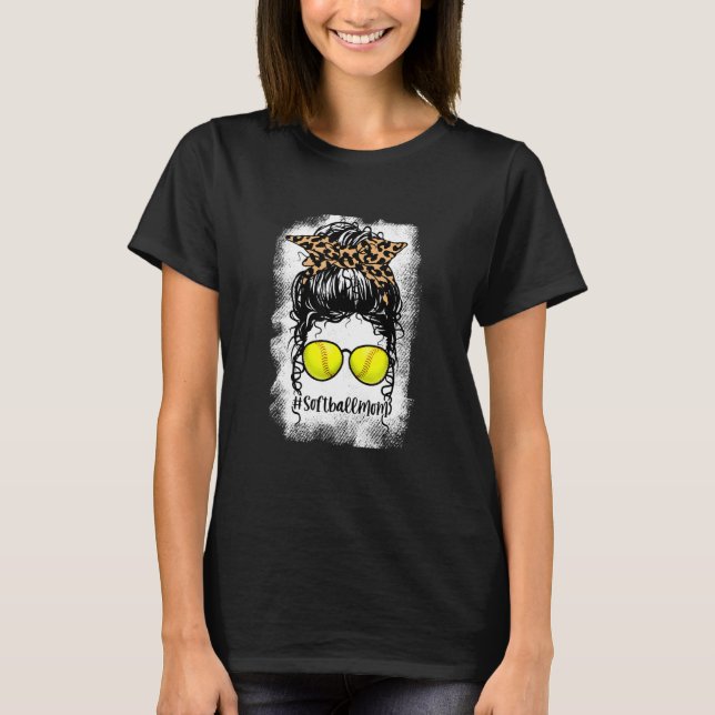 Blekt softball Mamma Life leopard Messy Bun för W T Shirt (Framsida)