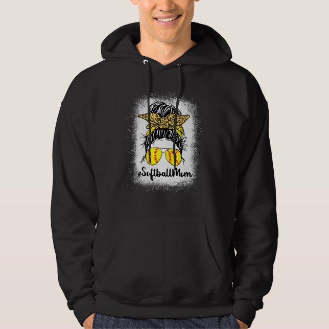 Blekt softball Mamma Life med leopard och Messy Hoodie (Framsida)