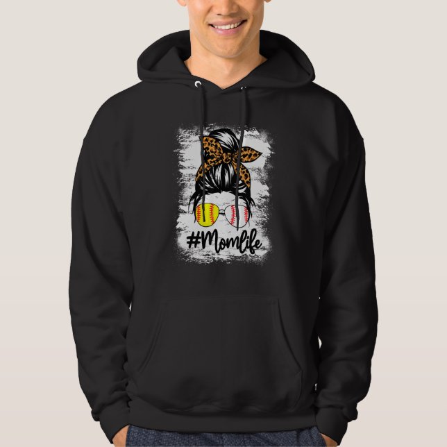 Blekt softball Mamma Life med leopard och Messy Hoodie (Framsida)