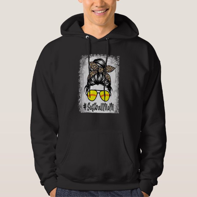 Blekt softball Mamma Life med leopard och Messy Hoodie (Framsida)