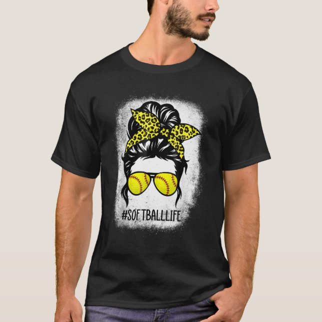 Blekt softball Mamma Life med leopard och Messy T Shirt (Framsida)